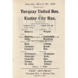 TORQUAY/EXETER Single sheet programme Torquay United Reserves v Exeter City Reserves friendly