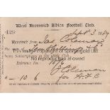 WEST BROM 1889 West Bromwich Albion Subscription fee receipt dated September 3rd 1889. The receipt