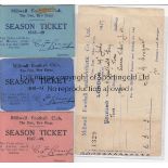 MILLWALL Three season ticket cards 46/7, 47/8, 48/9 providing admittance to any part of the ground