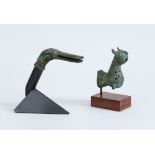 EGYPTIAN BRONZE DUCK HEAD HANDLE AND A BRONZE FIGURE OF A FELINE