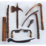 MISCELLANEOUS GROUP OF METAL AND CARVED WOOD TOOLS, WEAPONS AND OBJECTS