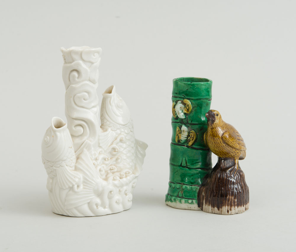 CHINESE IVORY-GLAZED PORCELAIN VASE AND A GLAZED BAMBOO VASE