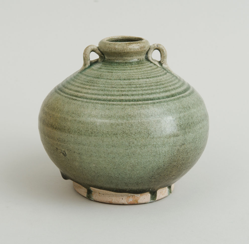 CHINESE CELADON-GLAZED POTTERY SPHERICAL FOOTED VASE - Image 3 of 4