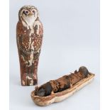 EGYPTIAN CARVED AND PAINTED WOOD FALCON MUMMY CASE AND CLOTH BOUND MUMMY
