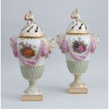 PAIR OF MEISSEN STYLE LARGE URNS AND ASSOCIATED COVERS