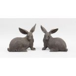 PAIR OF JAPANESE BRONZE FIGURES OF SEATED RABBITS
