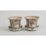 PAIR OF CANTON ROSE MEDALLION PORCELAIN SMALL CACHE POTS AND STANDS