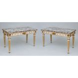 PAIR OF ITALIAN PAINTED AND PARCEL-GILT CONSOLE TABLES