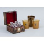 VICTORIAN BRASS-STUDDED ELM BOX, FITTED WITH FOUR CUT-GLASS SCENT BOTTLES AND STOPPERS