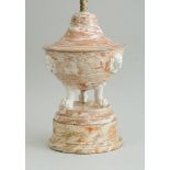 CONTINENTAL NEOCLASSICAL MARBELIZED POTTERY TRIPOD URN AND COVER, MOUNTED AS A LAMP