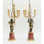 PAIR OF LOUIS XVI STYLE BRONZE AND GILT-METAL THREE-LIGHT CANDELABRA, MOUNTED AS LAMPS