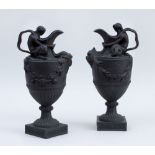 PAIR OF WEDGWOOD NEOCLASSICAL WEDGWOOD POTTERY BLACK BASALT EWERS