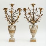 PAIR OF ITALIAN NEOCLASSICAL CARVED, GREY-PAINTED AND PART SILVERED WOOD TWO-HANDLED URNS