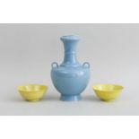 PAIR OF CHINESE YELLOW-GLAZED PORCELAIN FOOTED BOWLS AND A ROBIN'S EGG BLUE-GLAZED VASE