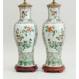 PAIR OF CHINESE FAMILLE ROSE PORCELAIN BALUSTER-FORM VASES, MOUNTED AS LAMPS