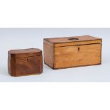 GEORGE III INLAID MAHOGANY LARGE TEA CADDY AND A SMALLER INLAID CADDY