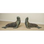 TWO CAST METAL SEA LION FOUNTAINS