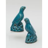 PAIR OF MODERN CHINESE TURQUOISE-GLAZED POTTERY FIGURES OF PARROTS