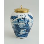 DUTCH BLUE AND WHITE DELFT TOBACCO JAR 'STRAASBUG' WITH BRASS COVER