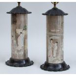 PAIR OF CHINOISERIE SILVERED-GROUND REVERSE PAINTED ON GLASS LAMPS