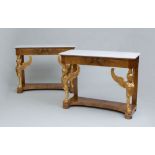 PAIR OF ITALIAN NEOCLASSICAL WALNUT AND PARCEL-GILT CONSOLE TABLES