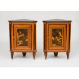 PAIR OF DUTCH NEOCLASSICAL TULIPWOOD, SATINWOOD AND EBONIZED PARQUETRY CORNER CABINETS