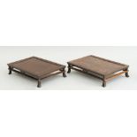 PAIR OF JAPANESE CARVED WOOD STANDS WITH BURL HARDWOOD PANELED TOPS