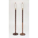 PAIR OF STAINED OAK FAUX BAMBOO FLOOR LAMPS