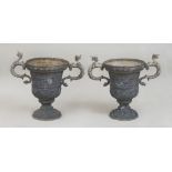 PAIR OF CAST LEAD TWIN SERPENT HANDLED URNS