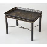 VICTORIAN BLACK-PAINTED AND PARCEL-GILT PAPIER MÂCHÉ TRAY ON LATER STAND
