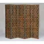 CONTINENTAL PAINTED AND PARCEL-GILT EMBOSSED LEATHER FIVE-PANEL SCREEN, POSSIBLY SPANISH