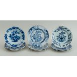 GROUP OF EIGHT DUTCH DELFT BLUE AND WHITE CIRCULAR PLATES AND AN OCTAGONAL PLATE
