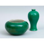 CHINESE GREEN CRACKLE-GLAZED PORCELAIN VASE AND A GREEN CRACKLE-GLAZED PORCELAIN BOWL