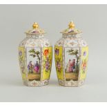 PAIR OF MEISSEN YELLOW-GROUND PORCELAIN HEXAGONAL JARS AND COVERS