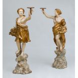 PAIR OF ITALIAN BAROQUE PARCEL-GILT AND CREAM-PAINTED FIGURES