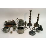 A desk inkwell, two pairs of candlesticks, pewterw