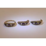 A 9ct gold ring and matching earrings set with pearls and amethyst