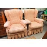 A pair of Parker Knoll wing back open arm chairs in red check fabric