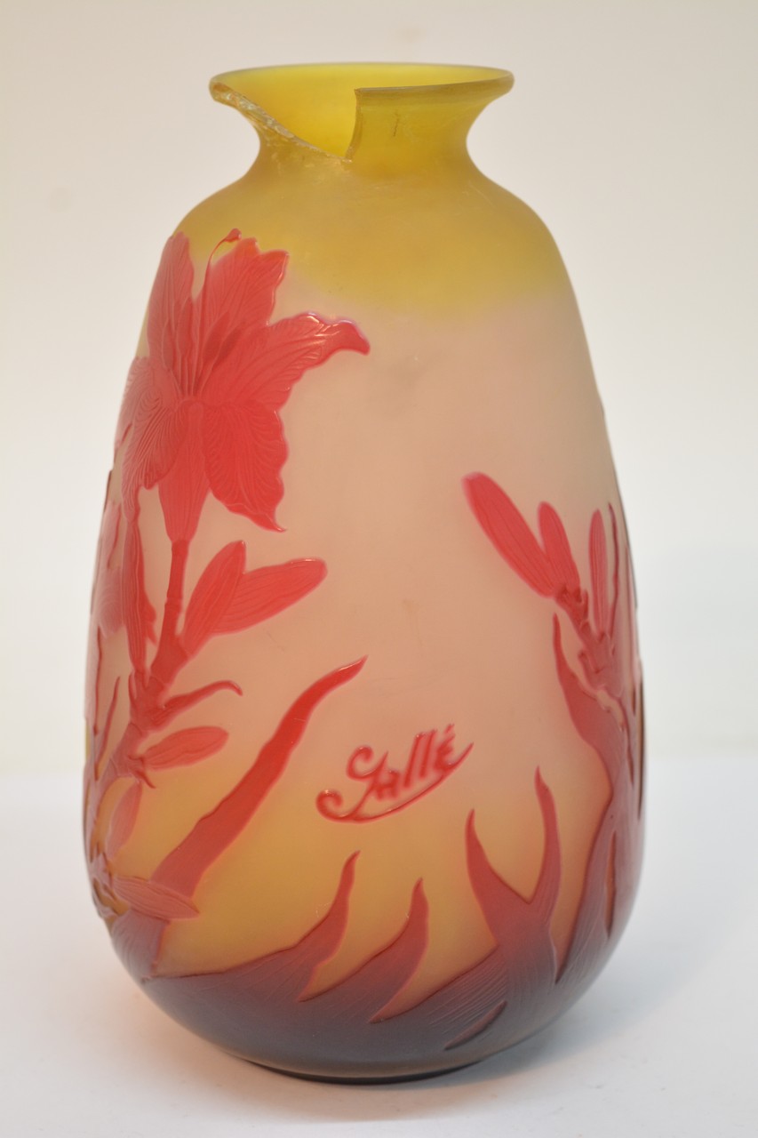A signed Galle glass vase with cameo cut decoratio