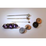 Three stick pins, amethyst brooch and a pair of gi