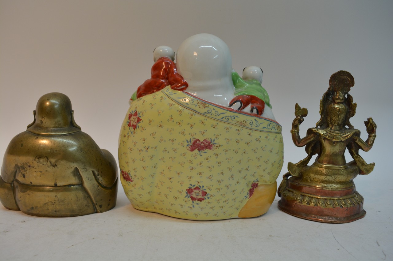 A Chinese porcelain Buddha, a brass Buddha and a s - Image 2 of 2