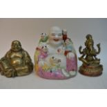 A Chinese porcelain Buddha, a brass Buddha and a s