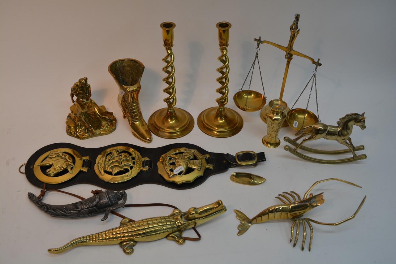 A collection of brassware including horse brasses