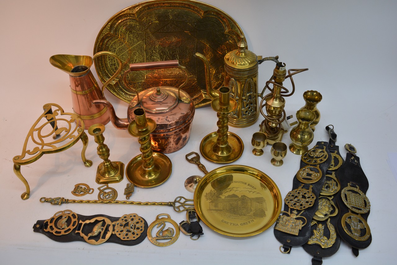 Abag of brass and copper including a kettle