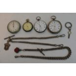 Two silver watch chains, three pocket watches and