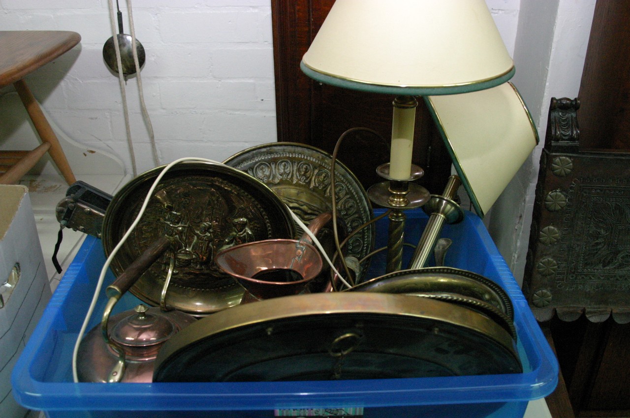 A box containing various copper and brassware incl