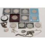 A Swiss silver cased pocket watch, fob chains and