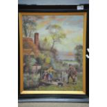 A framed oil painting of figures in a countryside