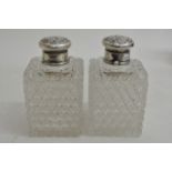 A pair of silver and cut glass square shaped scent
