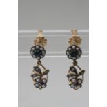 A pair of diamond, sapphire and pearl drop earrings.